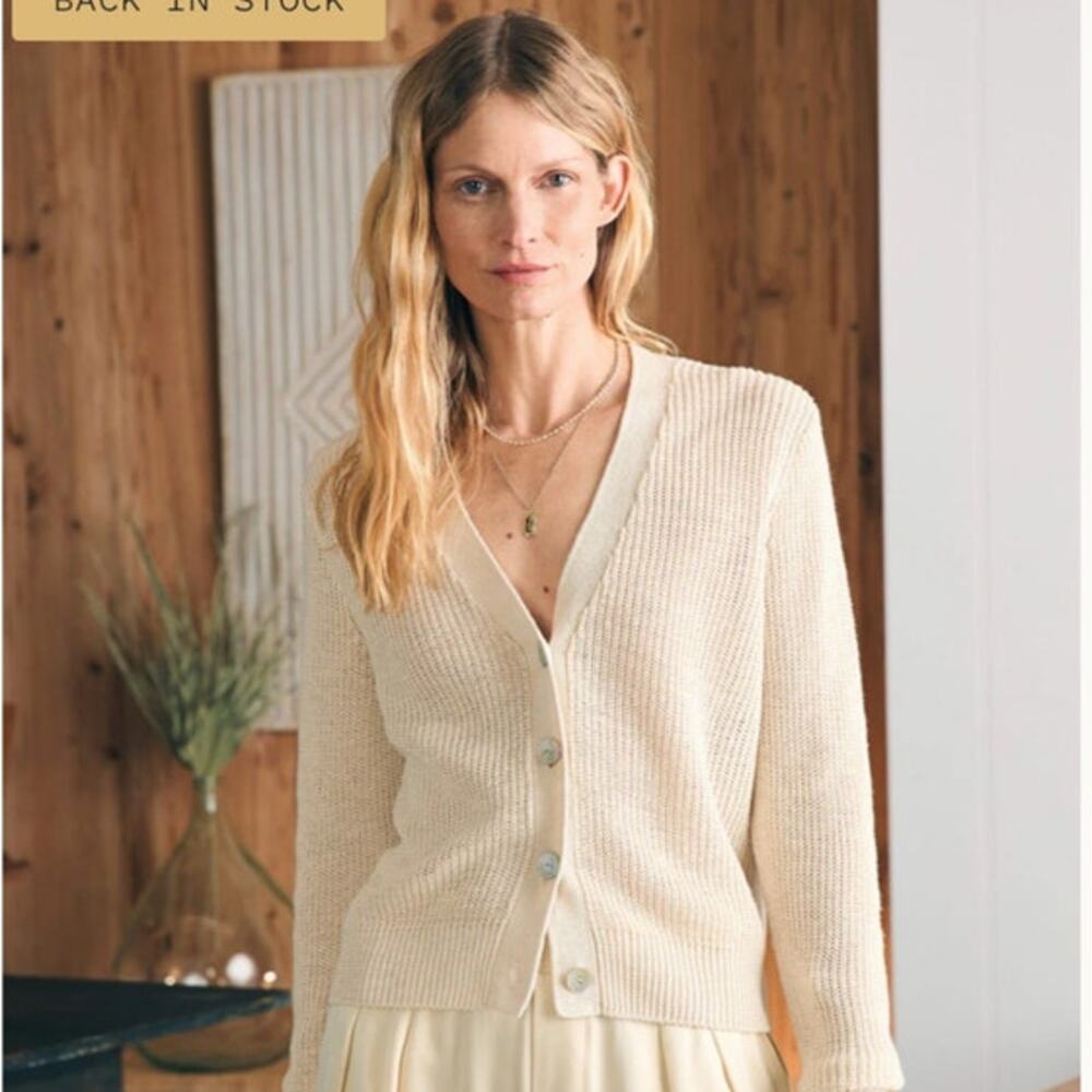 Faherty Cream Ribbed V-Neck Cardigan